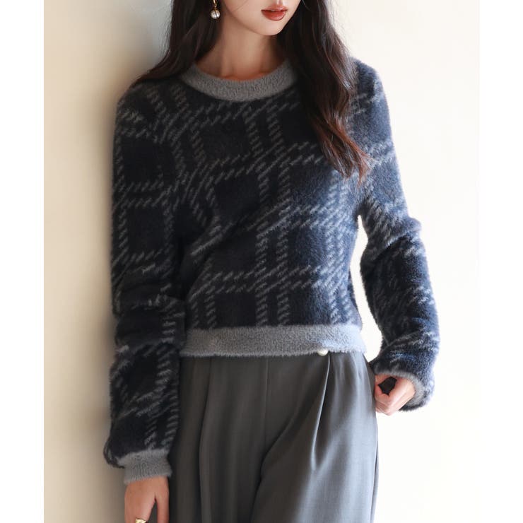 ネイビー | シャギー素材チェック編みニットプルオーバー | SAISON DE PAPILLON 