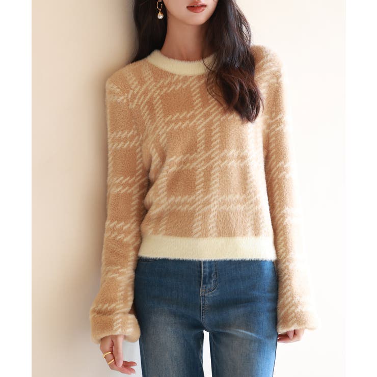 ブラウン | シャギー素材チェック編みニットプルオーバー | SAISON DE PAPILLON 