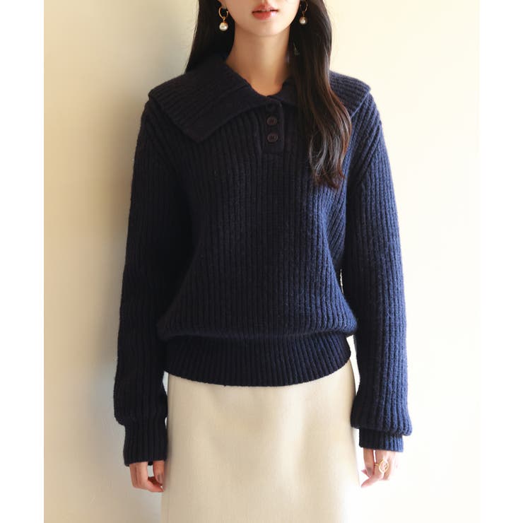 ネイビー | 折り返し襟厚手ニットプルオーバー | SAISON DE PAPILLON 