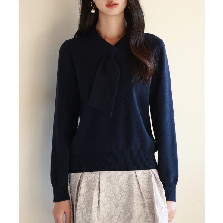 ネイビー | リボンハイゲージ編みニットプルオーバー | SAISON DE PAPILLON 