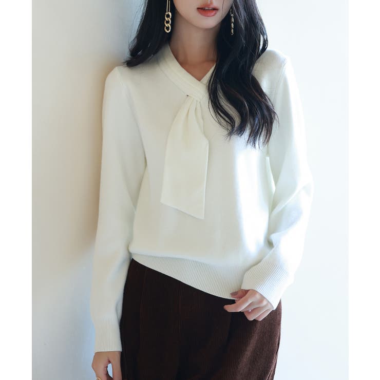 アイボリー | リボンハイゲージ編みニットプルオーバー | SAISON DE PAPILLON 