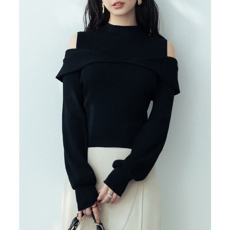 ブラック | オープンショルダープチハイネックニットプルオーバー | SAISON DE PAPILLON 