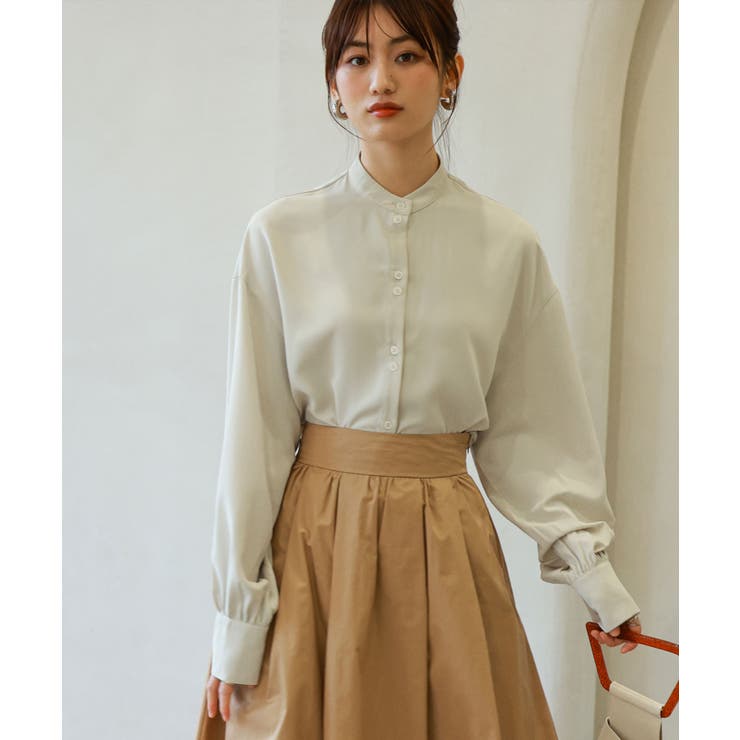 オーバーサイズスタンドカラーシフォンブラウス[品番