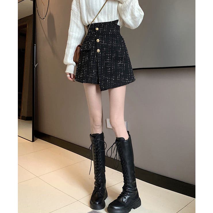 ラップスカート風♡シャネル★ショートパンツ★ツイード ラップスカート風ツイードショートパンツ 台形ミニスカート ハイ