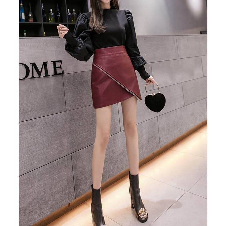 アシンメトリーフェイクレザータイトミニスカート[品番：DSSW0002239