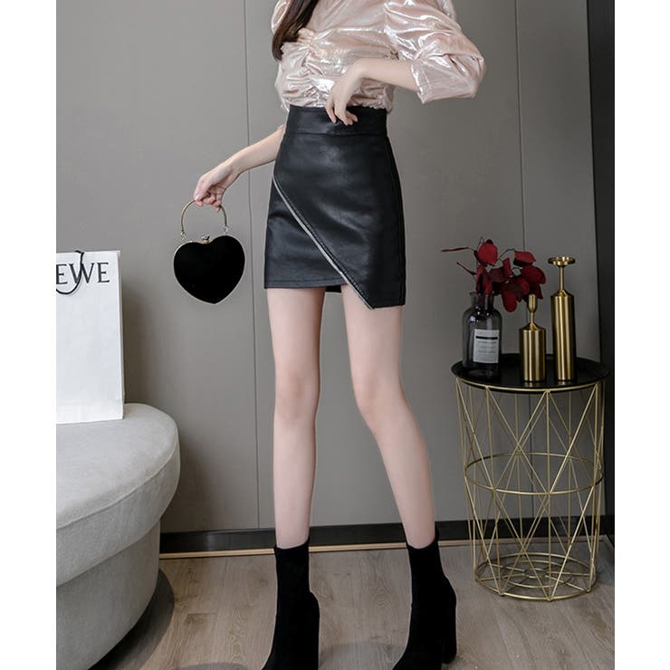 アシンメトリーフェイクレザーミニスカート(S BLACK): BOTTOM
