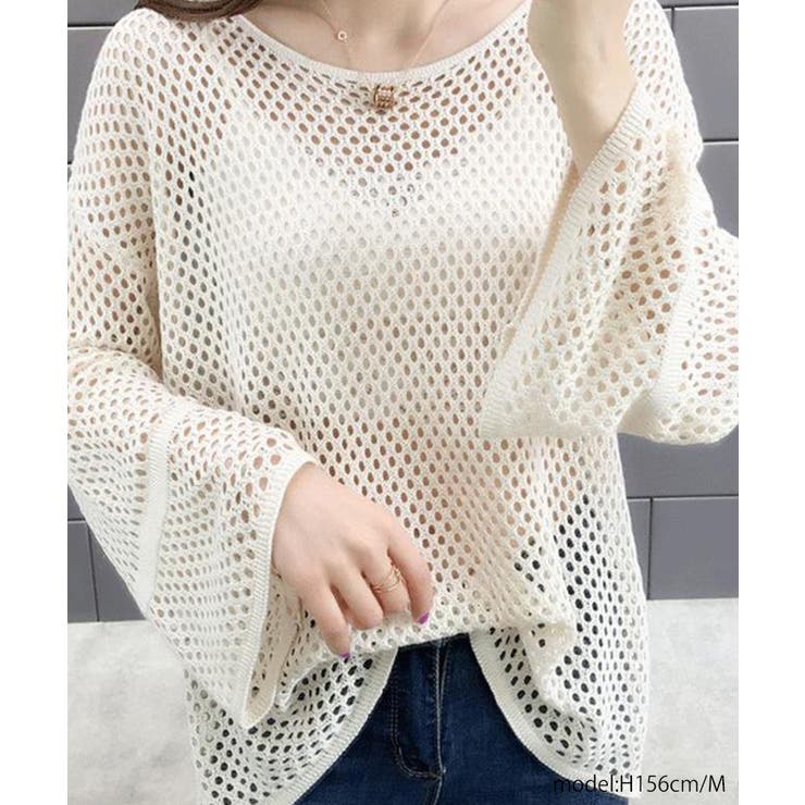 ホワイト | アイレット編みサマーニットプルオーバー ゆったり 涼しげ | SEU