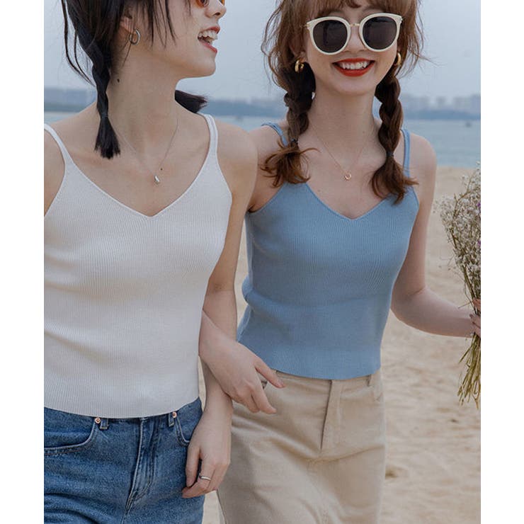 リブ編みニットキャミソール 脇高設計 シンプル[品番