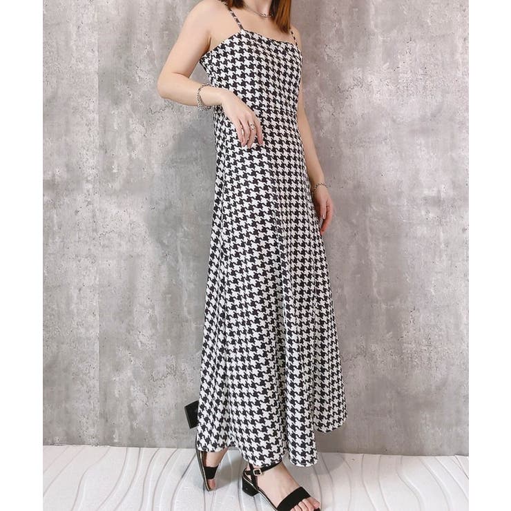 ワンピース水着 スリット入り千鳥柄ロングキャミワンピース 韓国
