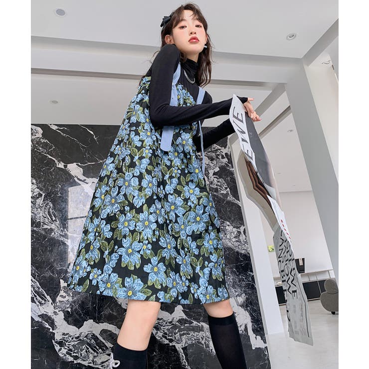 レトロ花柄2WAYキャミワンピース レイヤードスタイル ロングシーズン