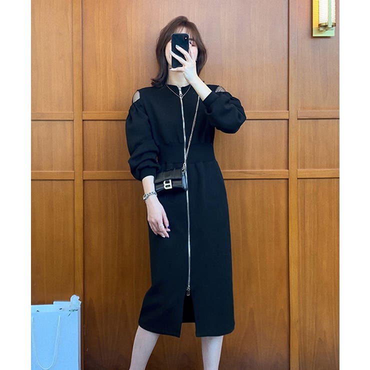 春まで着れる ダブルファスナートレーナーワンピース 肩シースルー