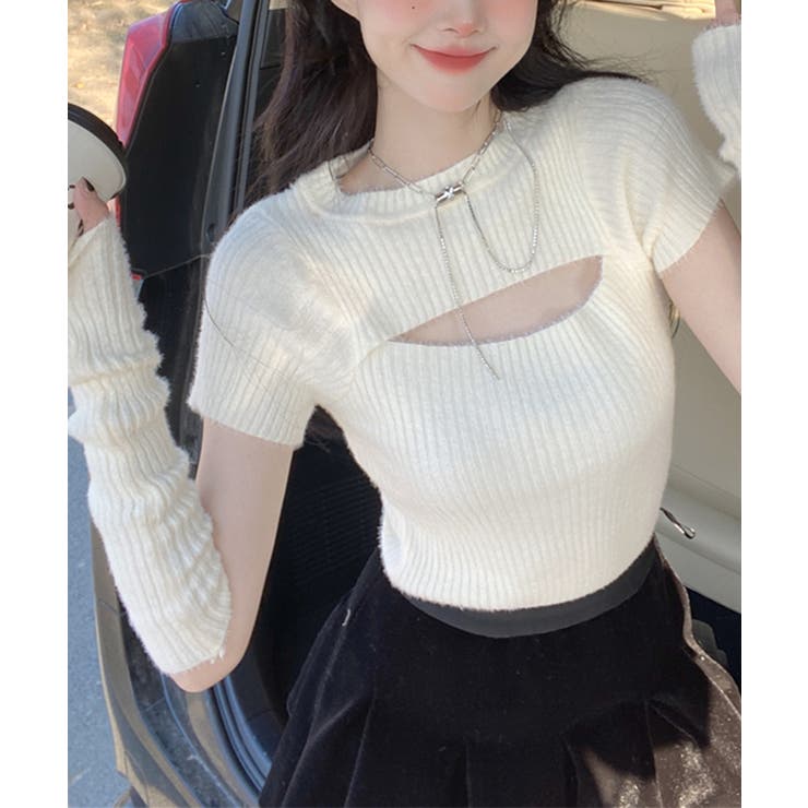 春まで着れる セクシースリットアームウォーマー付き2WAYニット