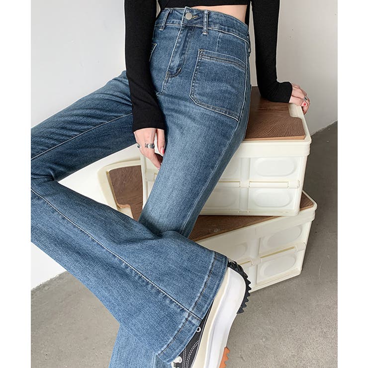 パッチポケットセミフレアパンツ デニムパンツ フレアパンツ