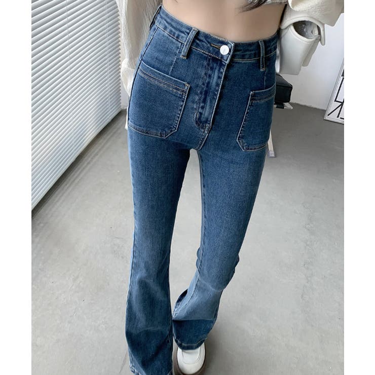 パッチポケットセミフレアパンツ デニムパンツ フレアパンツ
