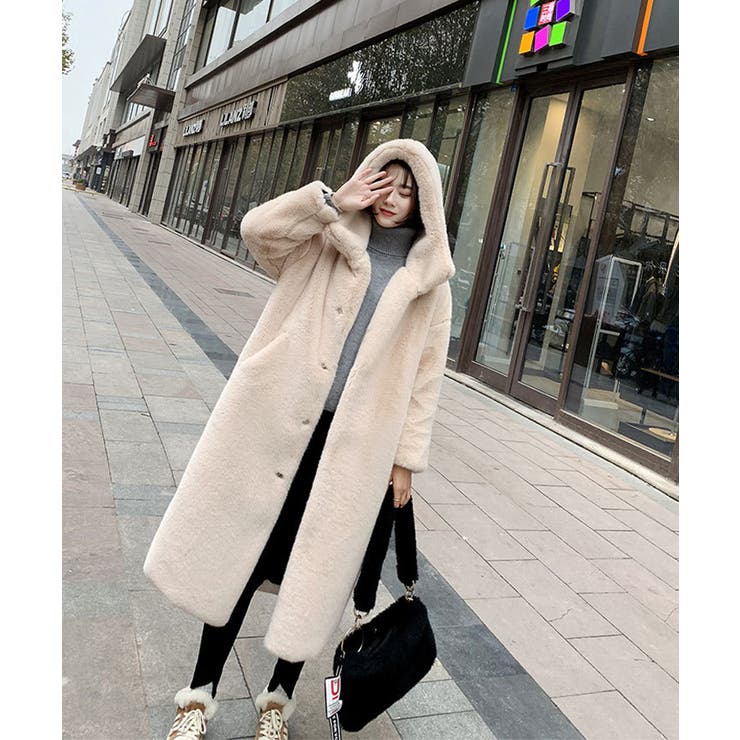 フード付きフェイクファーロングコート カーディガン アウター[品番