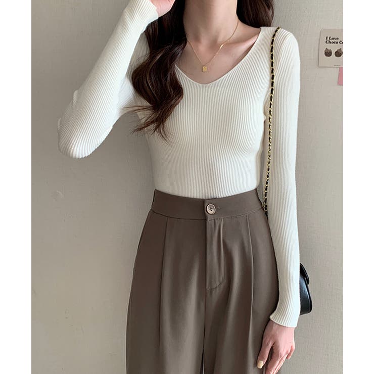 春のレイヤードコーデにぴったり！リブニットトップス Vネック サマーニット | SEU | 詳細画像16 