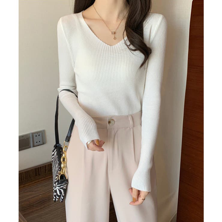 春のレイヤードコーデにぴったり！リブニットトップス Vネック サマーニット | SEU | 詳細画像7 