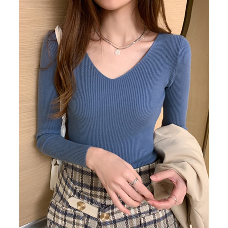 春のレイヤードコーデにぴったり！リブニットトップス Vネック サマーニット | SEU | 詳細画像32 