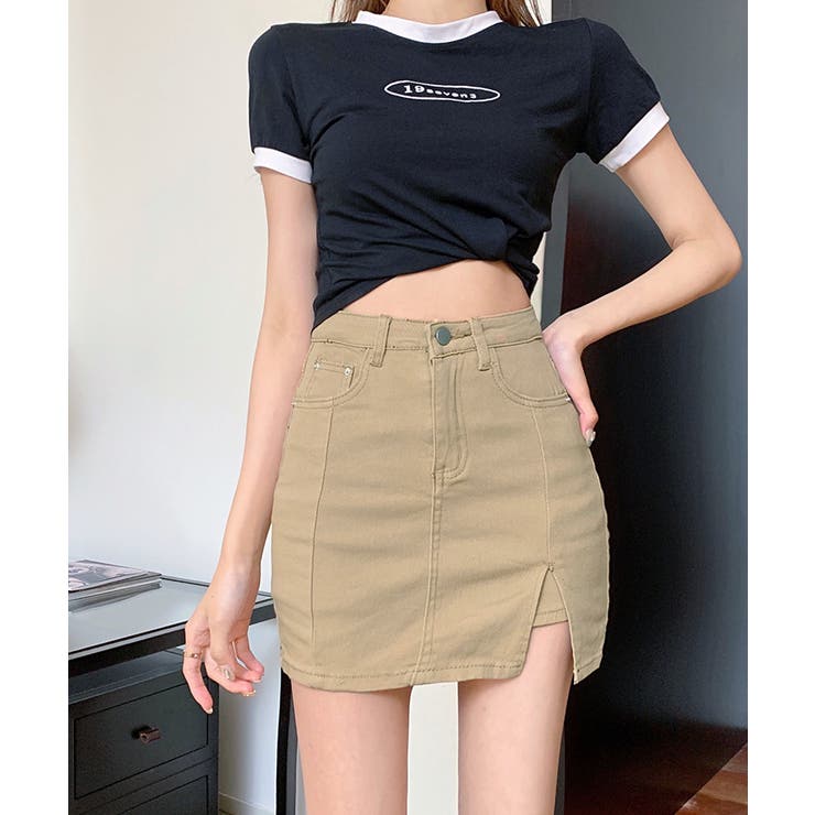 サイドスリットデニムミニスカートパンツ スカート風 デニム