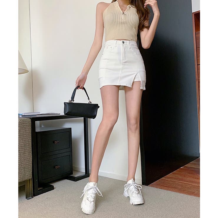 サイドスリットデニムミニスカートパンツ スカート風 デニム