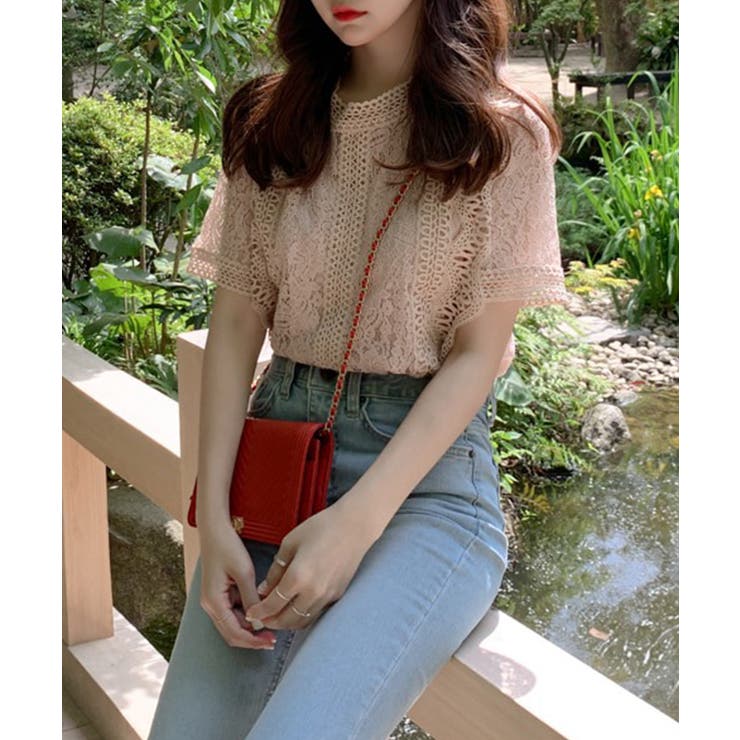 総レース半袖ブラウス シアートップス ブラウス[品番：DSSW0004325