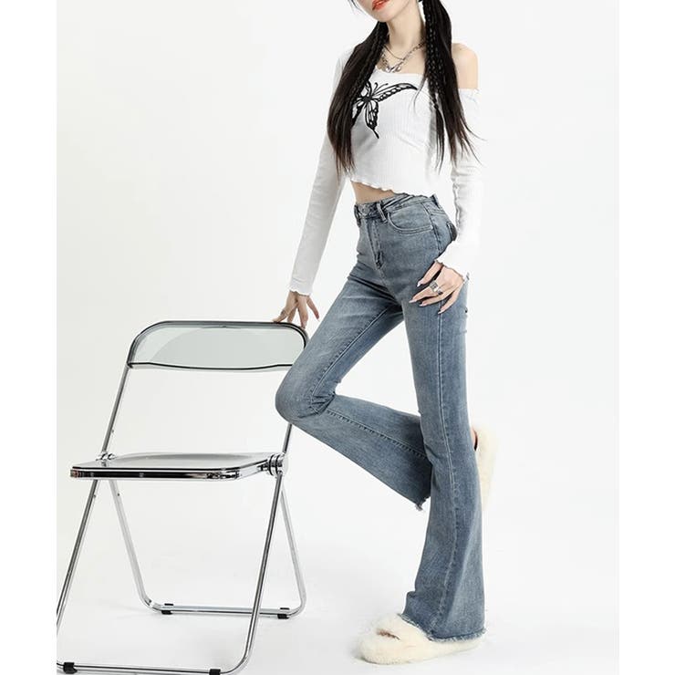裾フリンジデニムパンツ フレアパンツ ジーンズ[品番