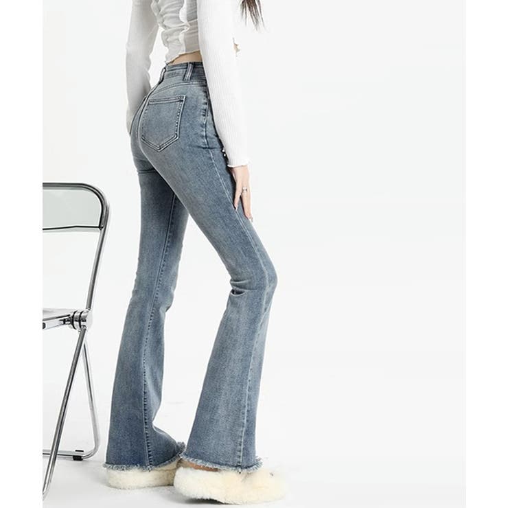 裾フリンジデニムパンツ フレアパンツ ジーンズ[品番
