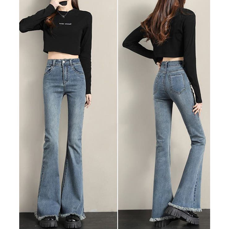 裾フリンジデニムパンツ フレアパンツ ジーンズ[品番