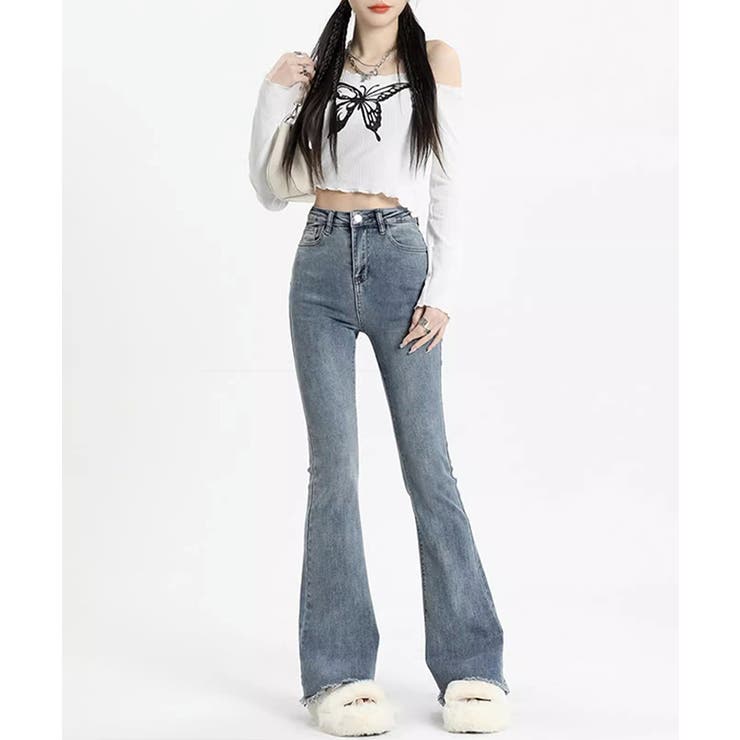 裾フリンジデニムパンツ フレアパンツ ジーンズ[品番