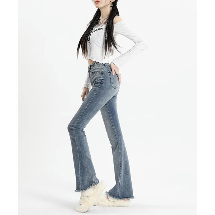 裾フリンジデニムパンツ フレアパンツ ジーンズ[品番
