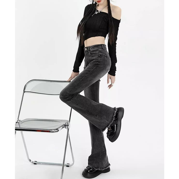 裾フリンジデニムパンツ フレアパンツ ジーンズ[品番