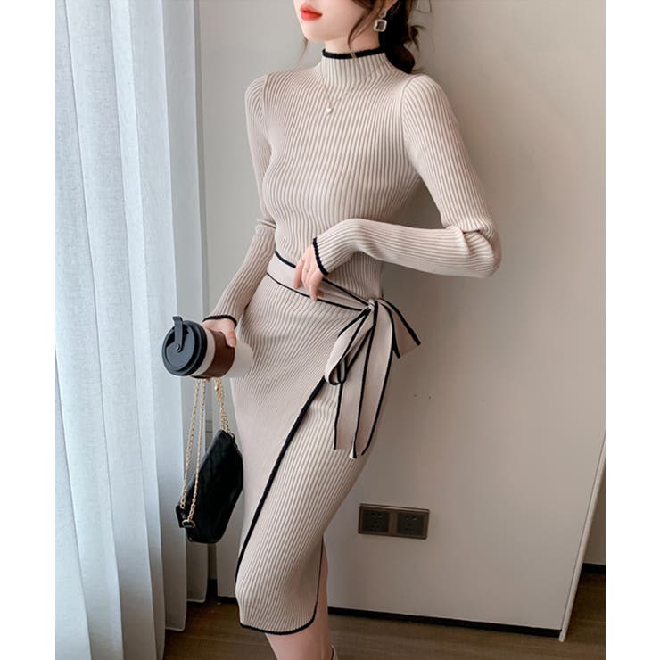 バイカラーパイピングラップニットワンピース 細身 秋冬 | SEU | 詳細画像11 