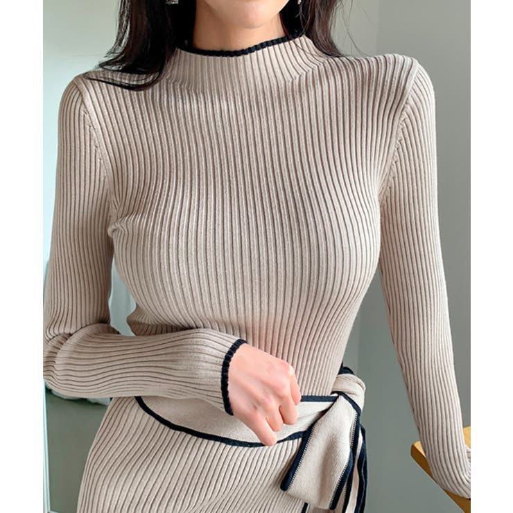 バイカラーパイピングラップニットワンピース 細身 秋冬 | SEU | 詳細画像5 