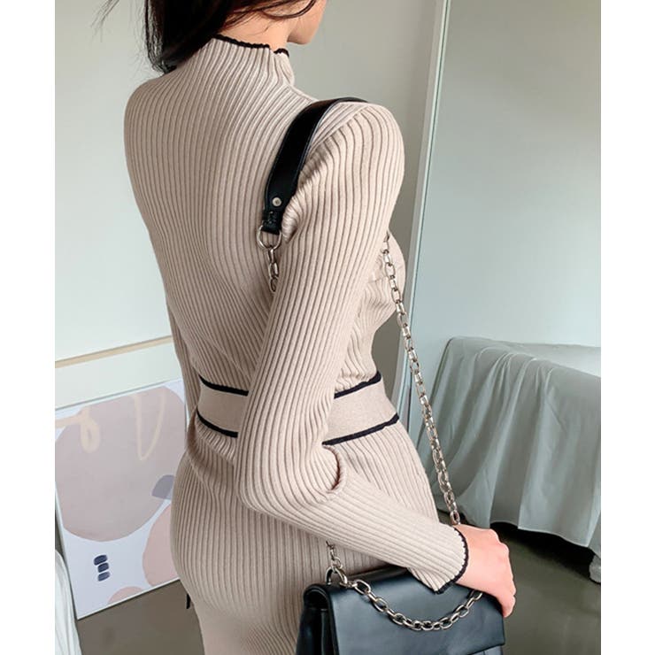 バイカラーパイピングラップニットワンピース 細身 秋冬 | SEU | 詳細画像7 