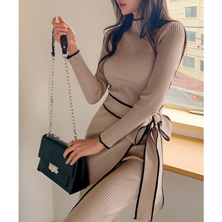 バイカラーパイピングラップニットワンピース 細身 秋冬 | SEU | 詳細画像9 