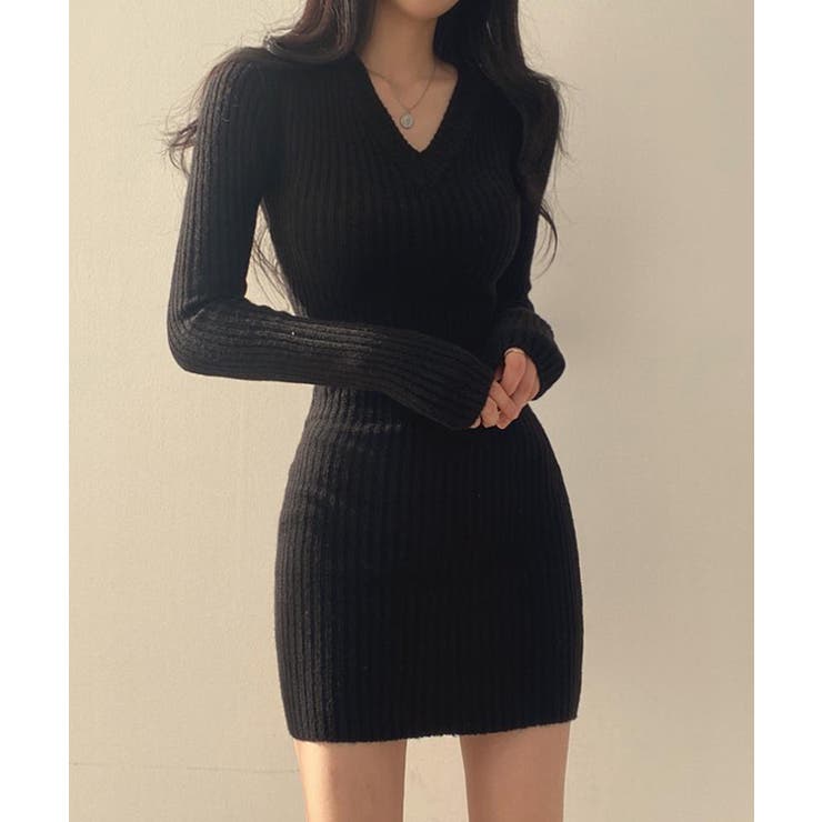 Vネックリブニットミニワンピース【SHOPLIST限定 新作 春 秋 冬