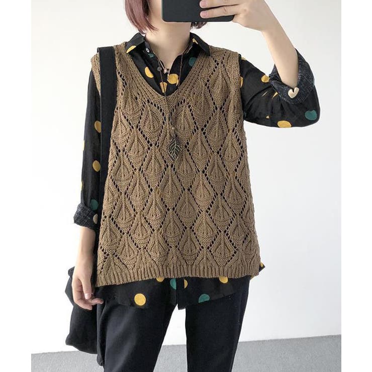 ロングシーズン大活躍Vネックダイヤモンド柄透かし編みニットベスト | SEU | 詳細画像7 