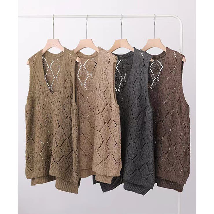ロングシーズン大活躍Vネックダイヤモンド柄透かし編みニット