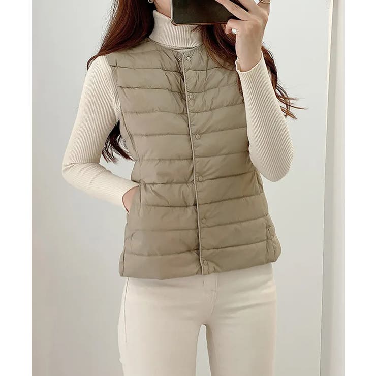 ベージュ | Vネックにもできるダウンベスト インナーベスト ダウンアウター | SEU