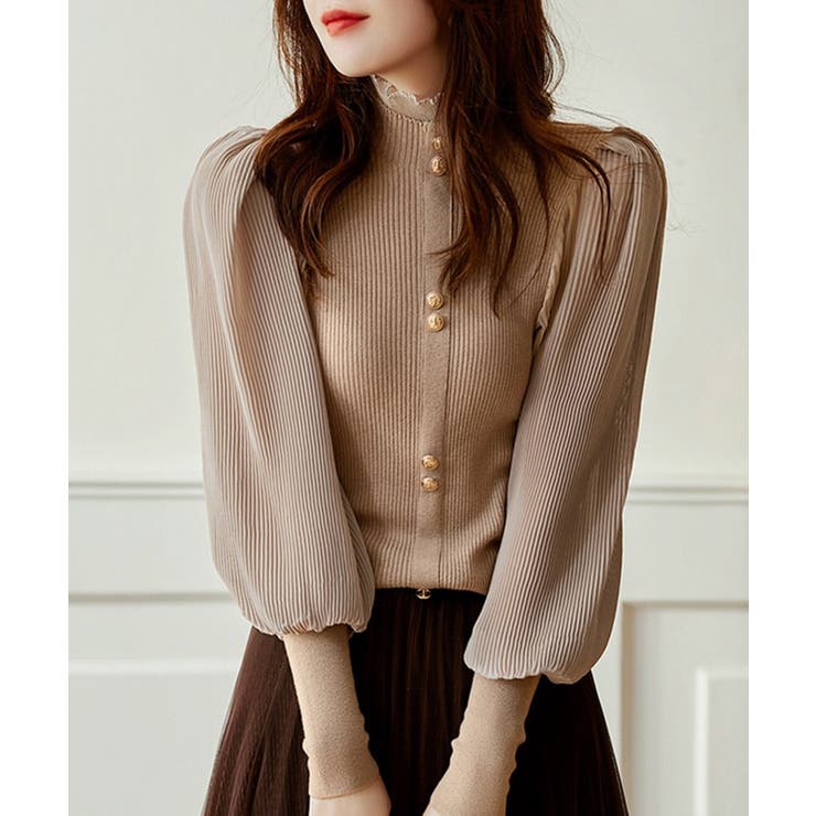 ベージュ | 異素材ドッキングブラス バルーン袖 リブニットトップス | SEU