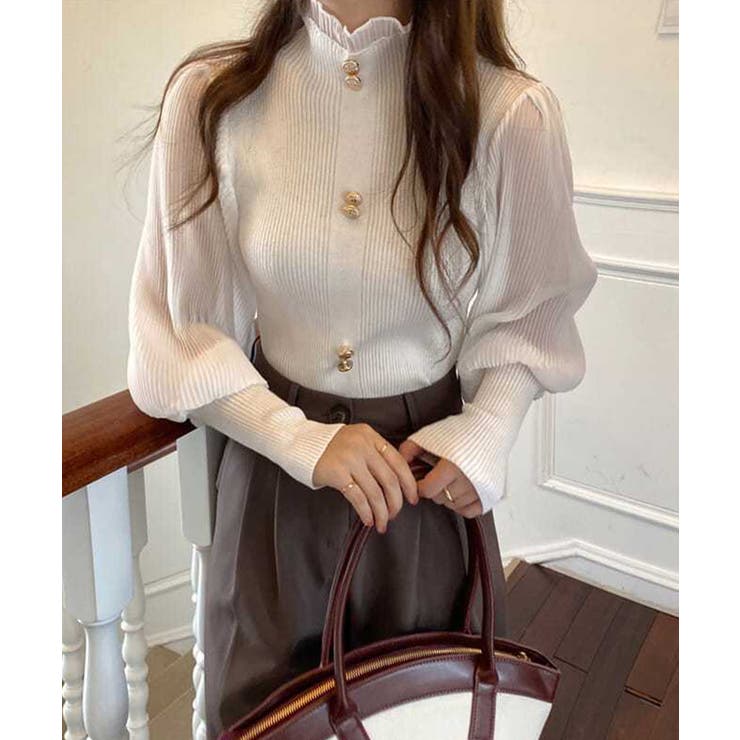 異素材ドッキングブラス バルーン袖 リブニットトップス | SEU | 詳細画像7 