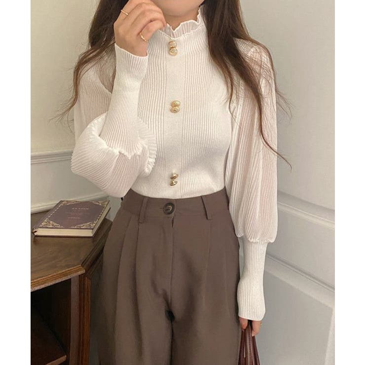 ホワイト | 異素材ドッキングブラス バルーン袖 リブニットトップス | SEU