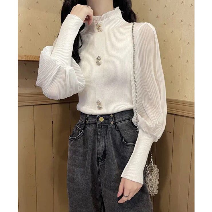 異素材ドッキングブラス バルーン袖 リブニットトップス | SEU | 詳細画像13 