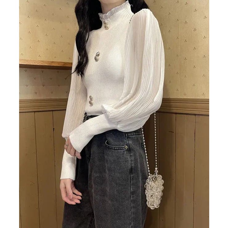 異素材ドッキングブラス バルーン袖 リブニットトップス | SEU | 詳細画像14 