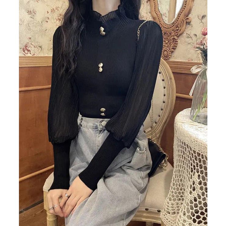 異素材ドッキングブラス バルーン袖 リブニットトップス | SEU | 詳細画像17 