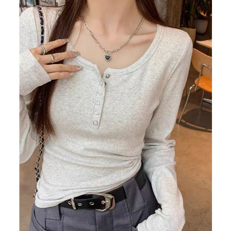 グレー | ボタンデザインリブカットソー 薄手 インナートップス【SHOPLIST限定 | SEU