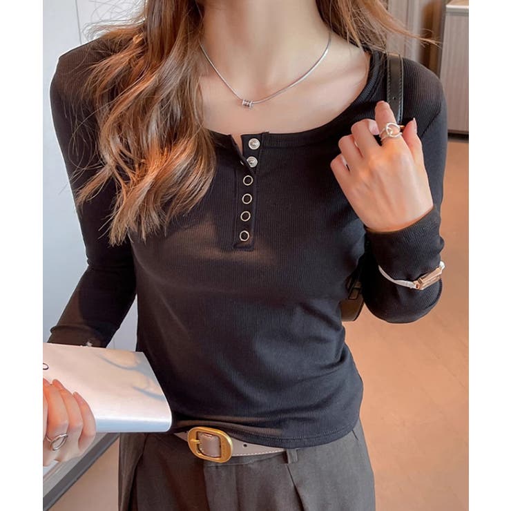ボタンデザインリブカットソー 薄手 インナートップス【SHOPLIST限定 | SEU | 詳細画像23 