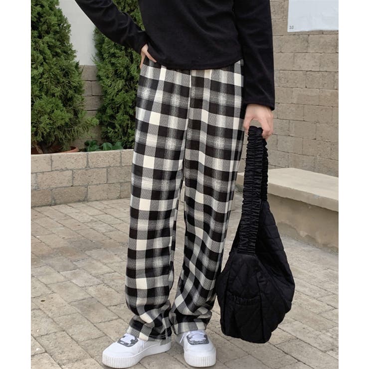 ホワイト | チェック柄の裏ボア起毛パンツ【SHOPLIST限定 新作 春 秋 冬】 | SEU