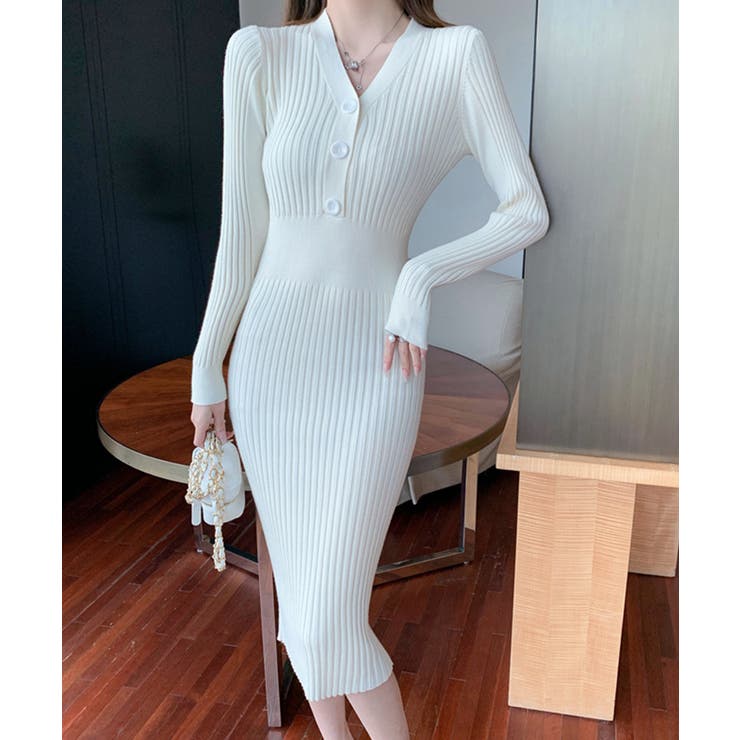 ホワイト | リブニットタイトワンピース【SHOPLIST限定 新作 春 秋 冬】 | SEU