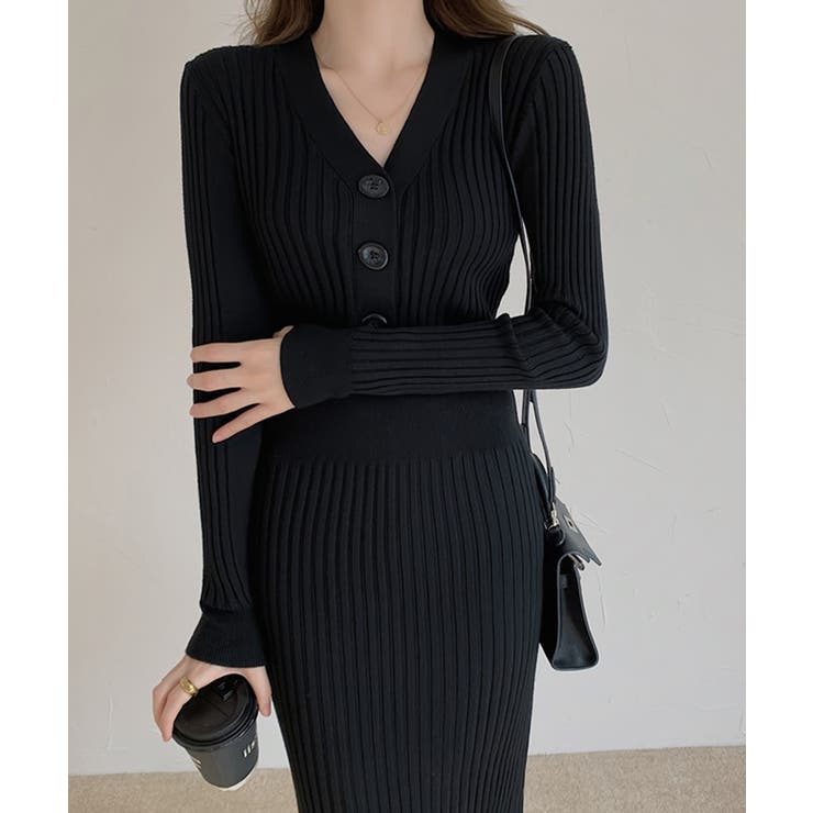 ブラック | リブニットタイトワンピース【SHOPLIST限定 新作 春 秋 冬】 | SEU